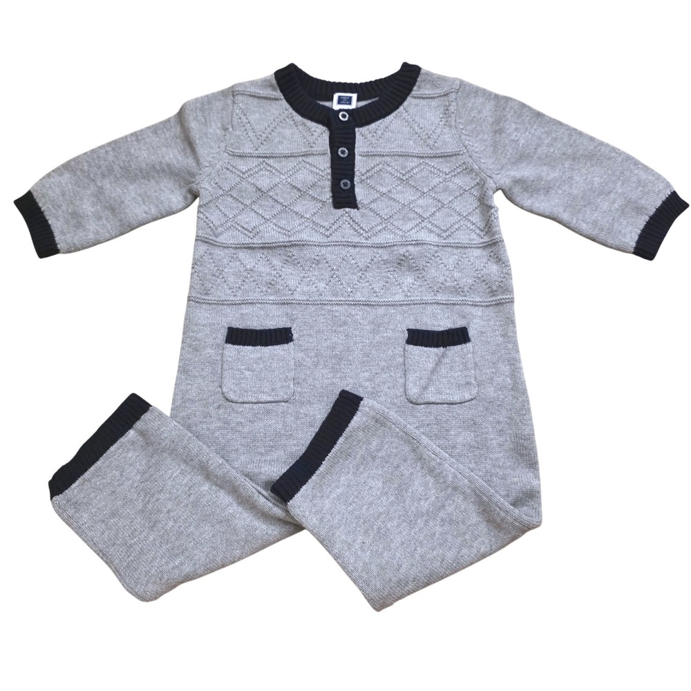 Janie and Jack Knit Romper Gray Navy Diamond Pattern 3-6 Months